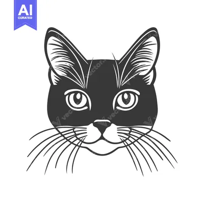 Premium design asset: Black and white graphic illustration displaying the face of a feline a