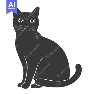 Aset desain premium: A simple illustrated black cat sitting and facing forward