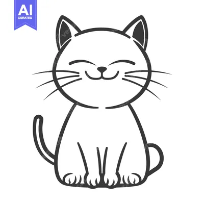 Aset premium populer: A simple and smiling black and white illustration of a cat