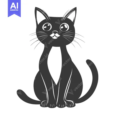 Aset desain premium: A cartoon image depicting a seated black cat with white accents