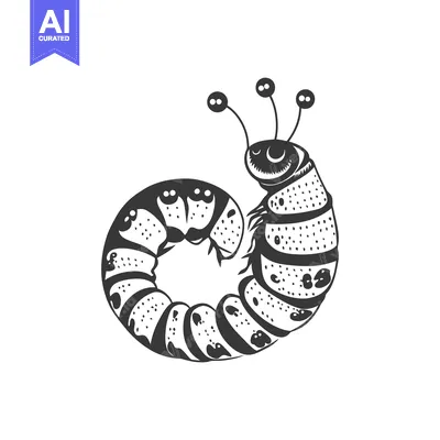 Premium design asset: An illustrated black and white whimsical caterpillar curled in a spira