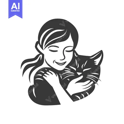 Premium design asset: A young girl lovingly embraces a black cat with closed eyes