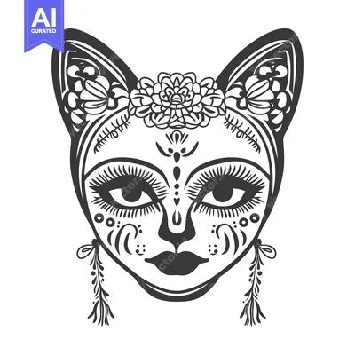 Aset premium populer: Decorative Cat Face Adorned With Floral Designs And Ornaments