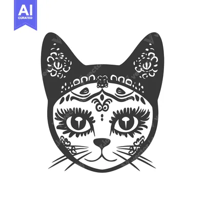 Premium design asset: A stylized black cat face featuring intricate symmetrical floral patte