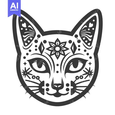 Aset desain premium: A stylized black and white illustration of a decorative cat face