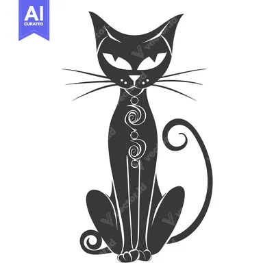 Premium design asset: A stylized black cat is sitting upright against a white background