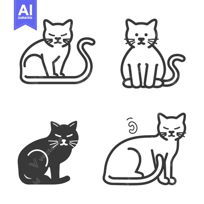 Aset premium populer: Four simple linear cat illustrations showing distinct postures and app
