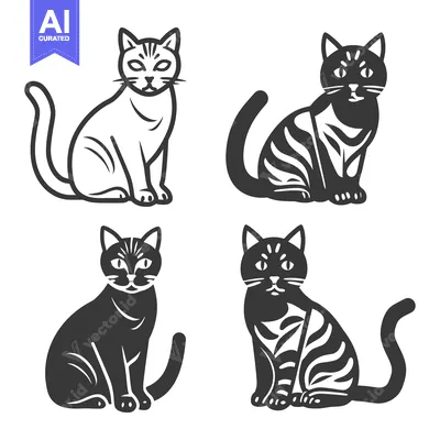 Aset premium populer: Four stylized sitting cats are presented in different graphical styles