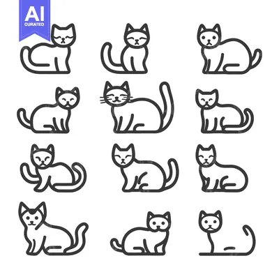 Aset desain premium: Linear Artistic Illustrations Featuring Various Cute Simplified Cat Si