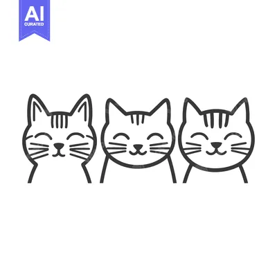 Aset desain premium: Three smiling cartoon cats in a row smiling and looking content