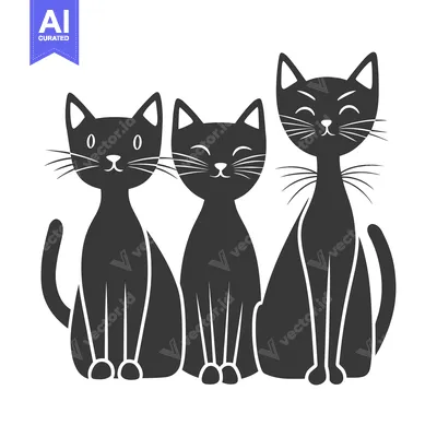 Aset premium populer: Three stylized black cats sitting together on a white background