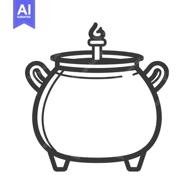 Aset desain premium: A stylized black and white cauldron with a small flame on top