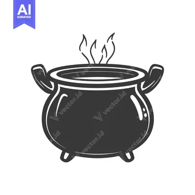 A steaming black cauldron with handles and curling wisps of vapor