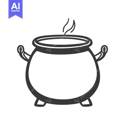A monochrome illustration of a cooking pot with steam rising