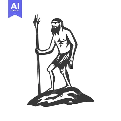Aset premium populer: A prehistoric caveman holding a spear stands upon a rocky surface