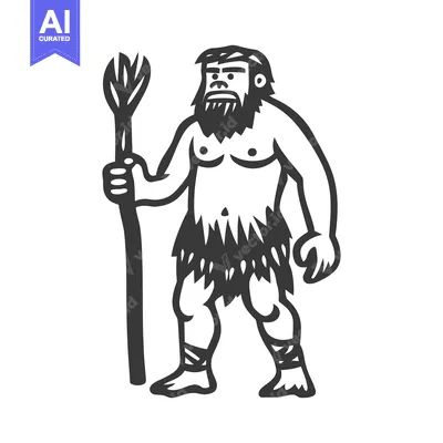 Aset premium populer: A caveman stands holding a wooden spear or staff weapon