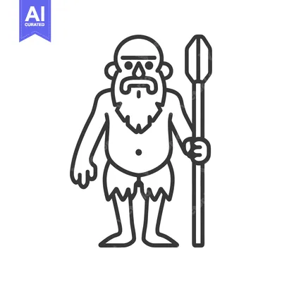 Aset desain premium: A line art illustration of a prehistoric caveman holding a spear