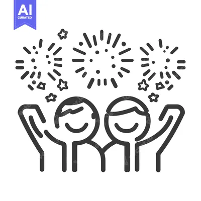 Premium design asset: Two smiling figures celebrating under bursts of festive fireworks disp