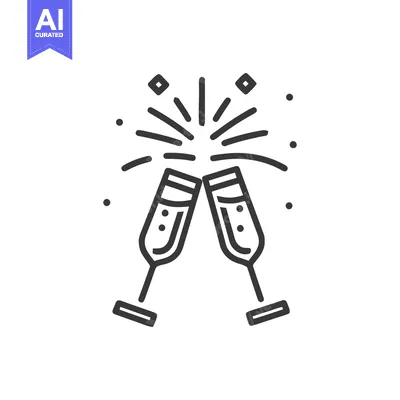Aset premium populer: Toasting Champagne Glasses with Fireworks, Celebration Icon, Line Art