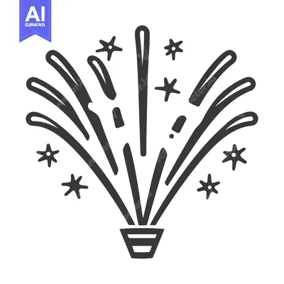 Premium design asset: A simple black and white illustration depicting a fireworks display