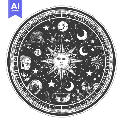 Aset desain premium: Celestial Wheel with Zodiac Signs, Sun, Moon, and Stars