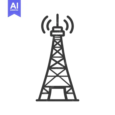 Aset desain premium: Minimalist Radio Tower Icon with Signal Waves, Black Outline on White