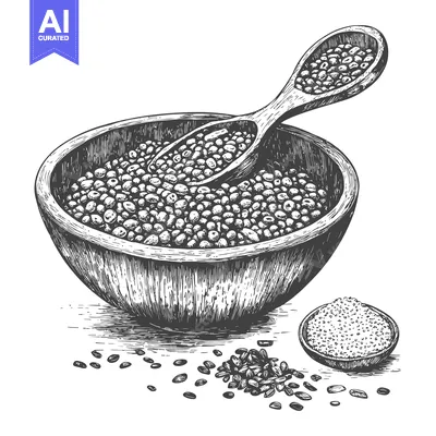 Aset desain premium: Wooden Bowl Filled With Seeds And Grains Using A Wooden Spoon