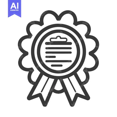 Black and white circular badge with ribbons and documents