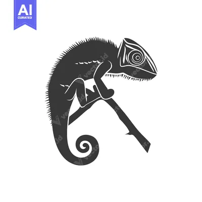 A stylized monochrome depiction of a chameleon on a branch