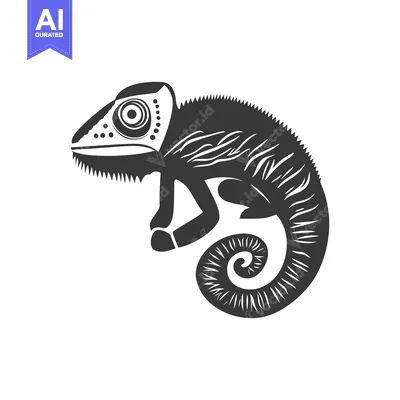 Aset desain premium: The stylized drawing depicts a monochrome chameleon with intricate det