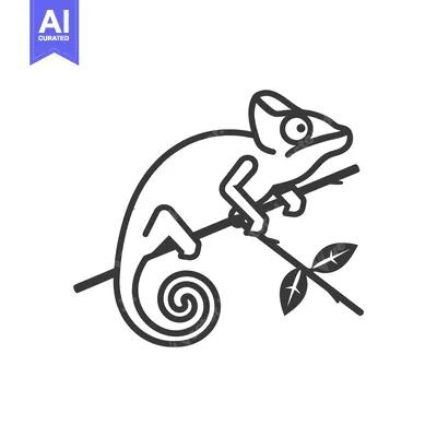 Aset premium populer: A simplistic monochrome illustration of a chameleon on a branch