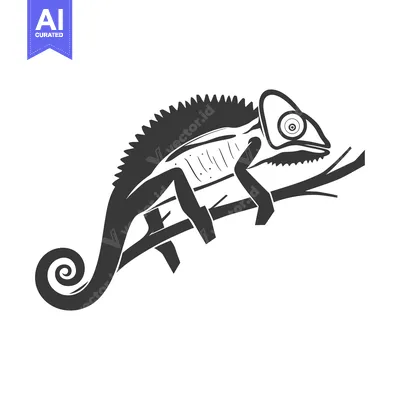 A stylized illustration of a chameleon perched on a branch