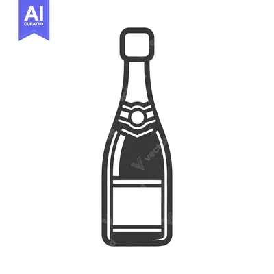 An illustrated black and white drawing of a champagne bottle