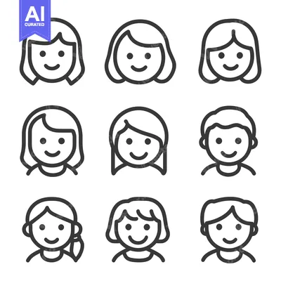 Aset desain premium: Nine smiling cartoon faces depicting diverse hairstyles and gender