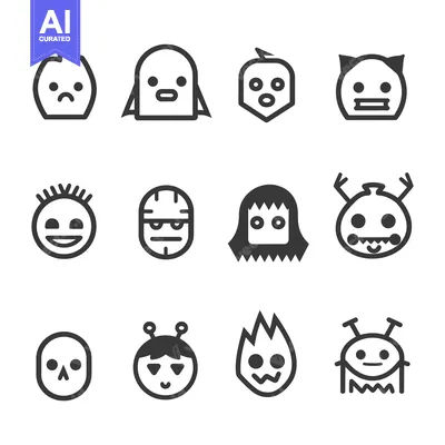 Premium design asset: Twelve Simple Line Drawing Illustrations of Cartoon Character Faces