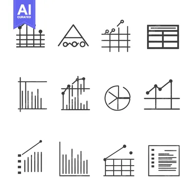 Premium design asset: Black and white icon set representing different data visualizations