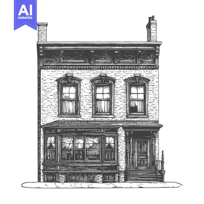 Premium design asset: A three story brick building with bay windows and chimneys