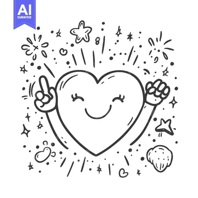 Aset premium populer: Cheerful Heart Character with Arms Raised in Celebration Surrounded by