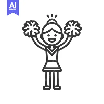 Aset desain premium: Cheerful Cheerleader Icon with Pom-Poms, Outline Style, Vector Illustr