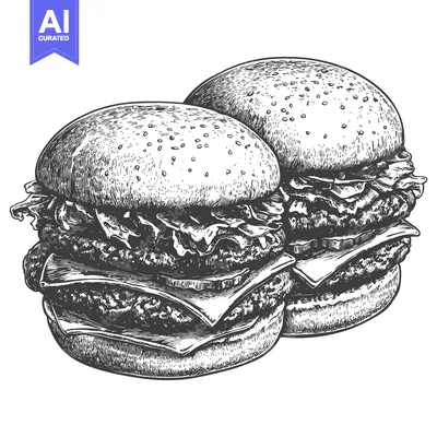 Aset desain premium: Two Delicious Cheeseburgers Illustrated in a Vintage Style
