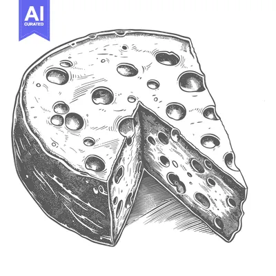 Aset premium populer: A wheel of cheese with a slice removed showing holes