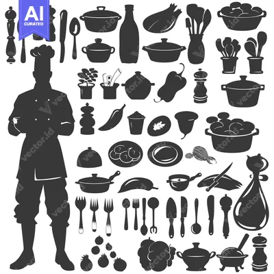 Aset premium populer: Chef with Kitchenware and Ingredients Silhouette