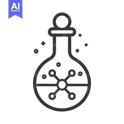 Aset premium populer: Simple outline image of a chemistry flask with liquid and atoms