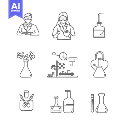 Aset desain premium: Chemistry lab equipment and scientist icons