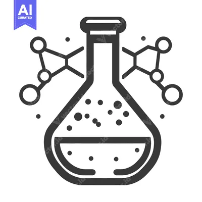 Aset desain premium: A black and white illustration depicts a laboratory flask and molecule