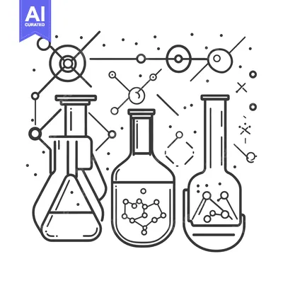 Aset desain premium: Black and white illustration of various lab beakers and molecules