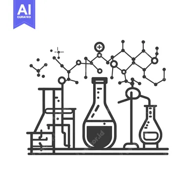 Premium design asset: Black and white depiction of laboratory glassware and molecular struct