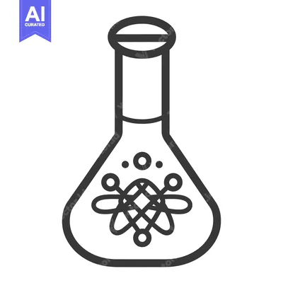 Aset desain premium: A black outline illustration of a laboratory flask containing molecule