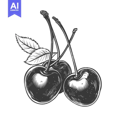 Aset premium populer: A monochrome artistic depiction of three cherries and leaves