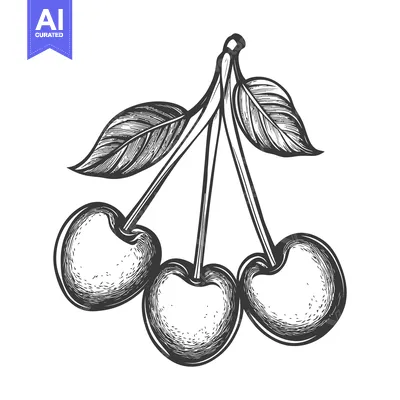 Aset premium populer: Three cherries hang from a stem with leaves in illustration form